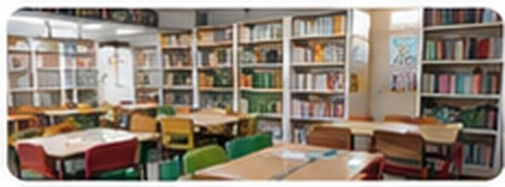 Biblioteca școlii cu rafturi de cărți